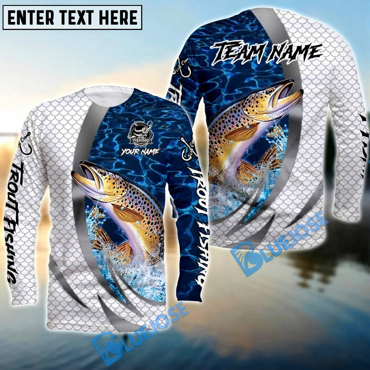 BlueJose Trout Silver Scale Pattern Realistic Jumping Fish Water Splash Custom Name & Team Name 3D Shirts