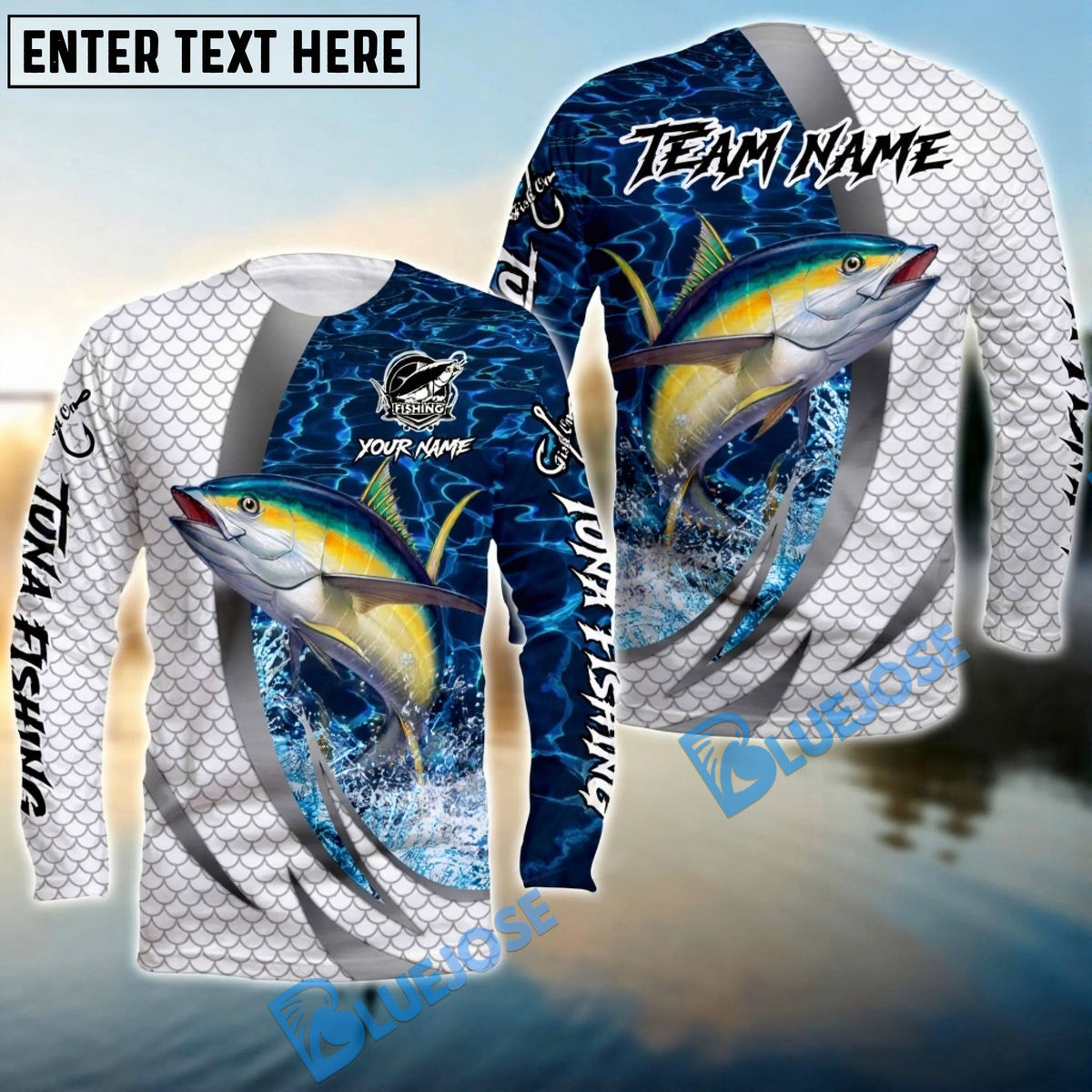 BlueJose Tuna Silver Scale Pattern Realistic Jumping Fish Water Splash Custom Name & Team Name 3D Shirts