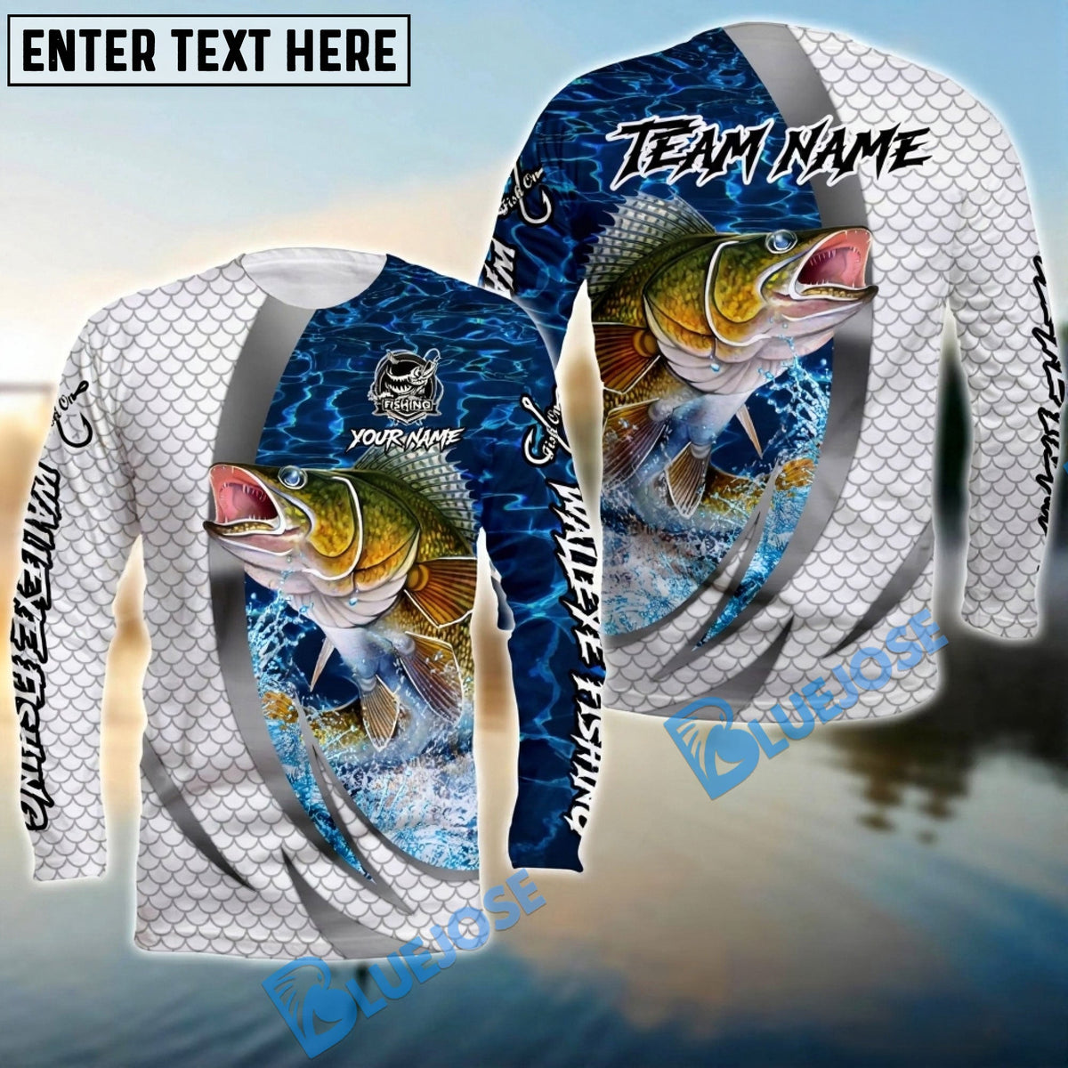 BlueJose Walleye Silver Scale Pattern Realistic Jumping Fish Water Splash Custom Name & Team Name 3D Shirts