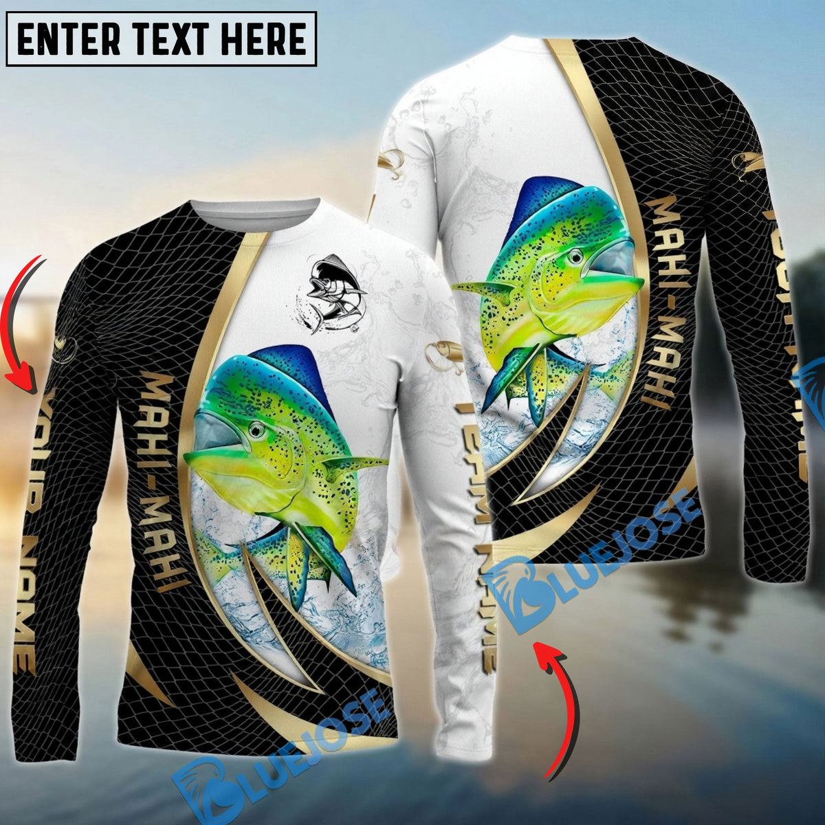BlueJose Mahi-Mahi Fishing Gold Black Net Dynamic Jump Custom Name & Team Name 3D Shirts