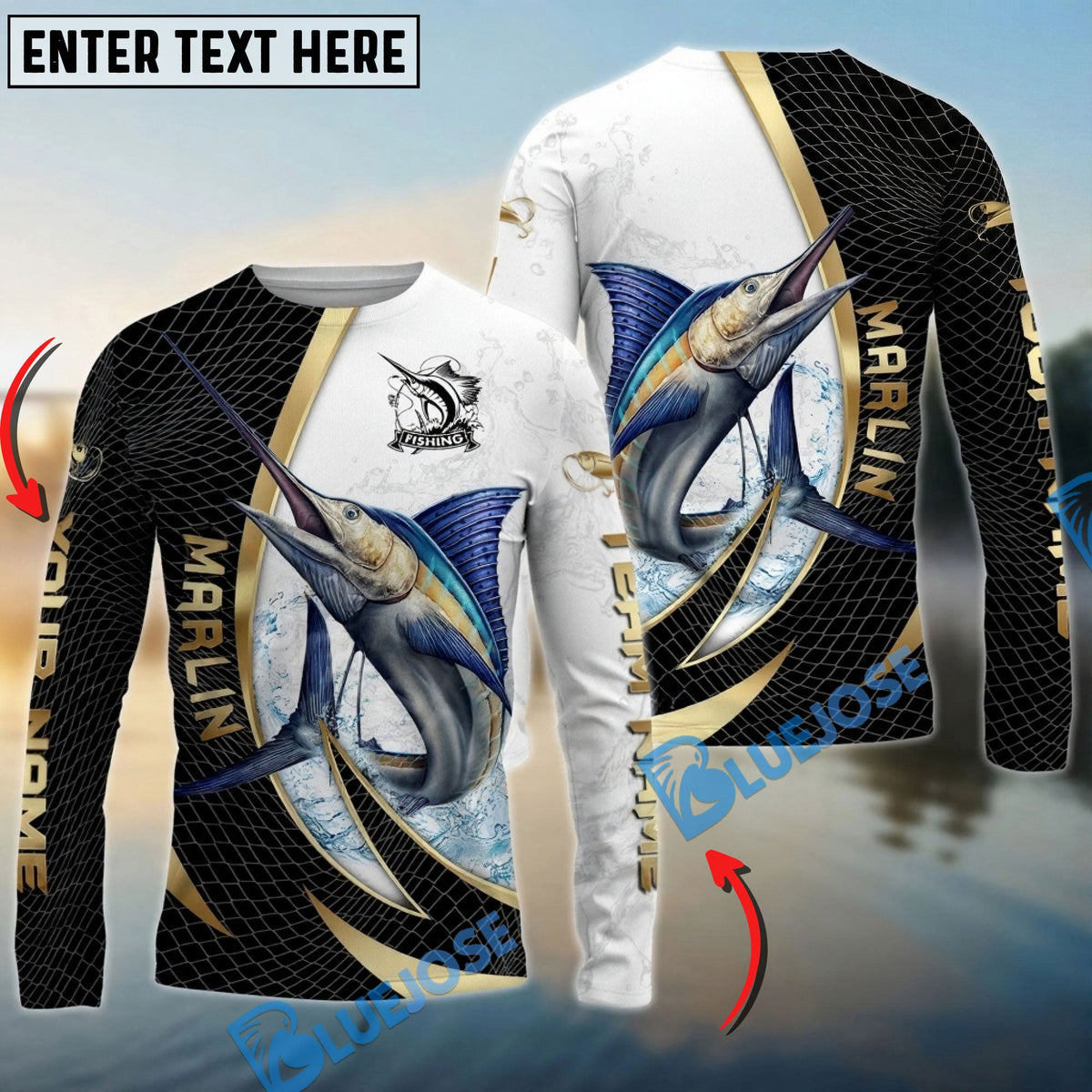 BlueJose Marlin Fishing Gold Black Net Dynamic Jump Custom Name & Team Name 3D Shirts