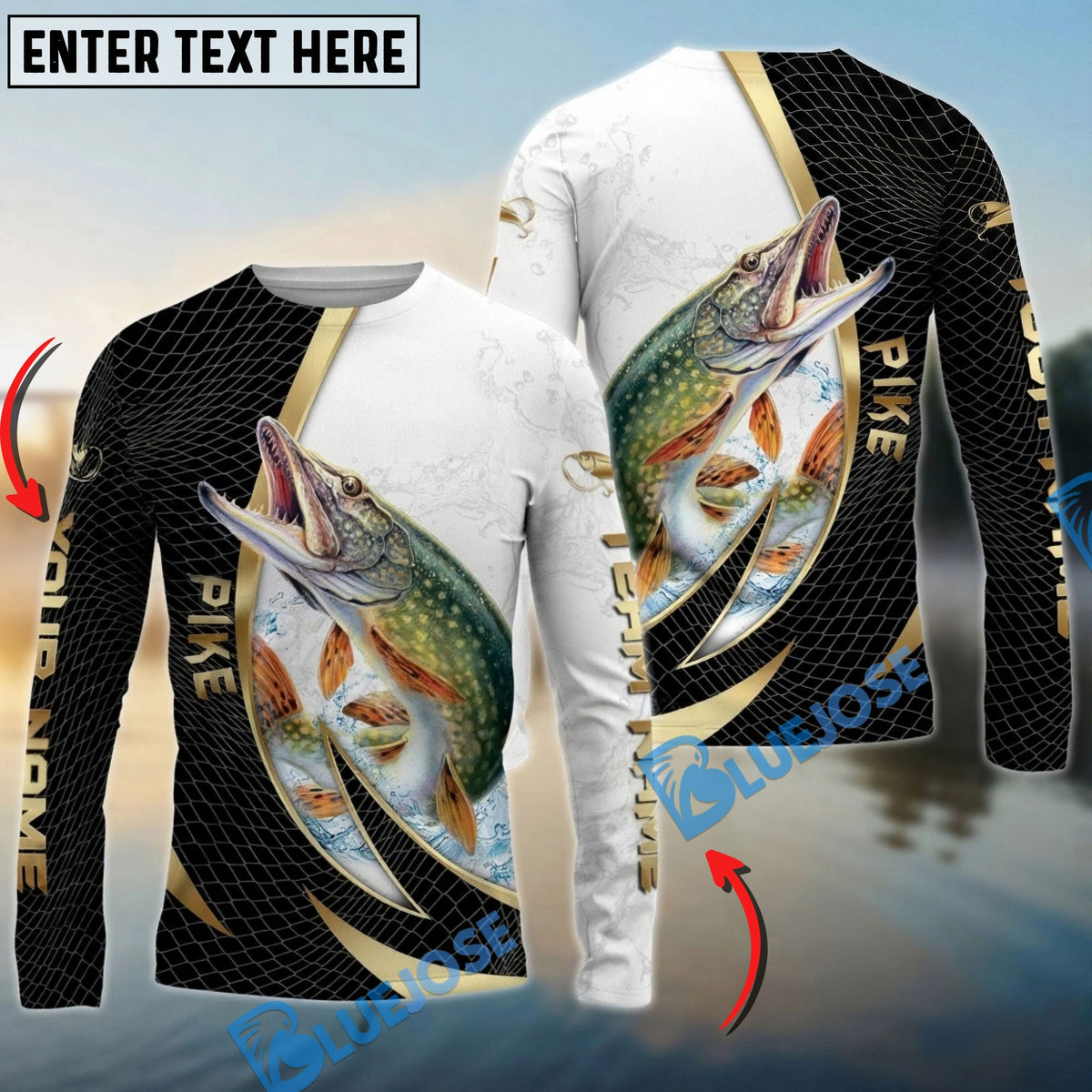 BlueJose Pike Fishing Gold Black Net Dynamic Jump Custom Name & Team Name 3D Shirts