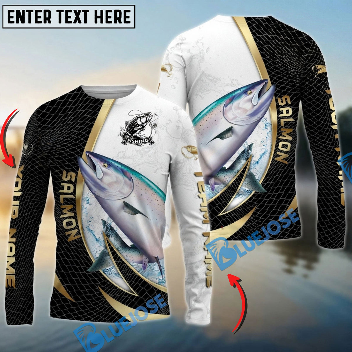 BlueJose Salmon Fishing Gold Black Net Dynamic Jump Custom Name & Team Name 3D Shirts