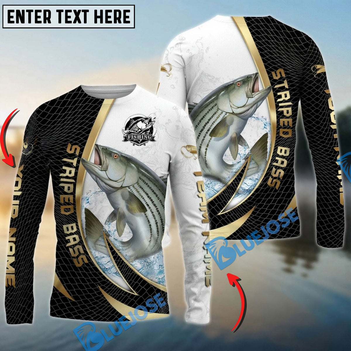 BlueJose Striped Bass Fishing Gold Black Net Dynamic Jump Custom Name & Team Name 3D Shirts
