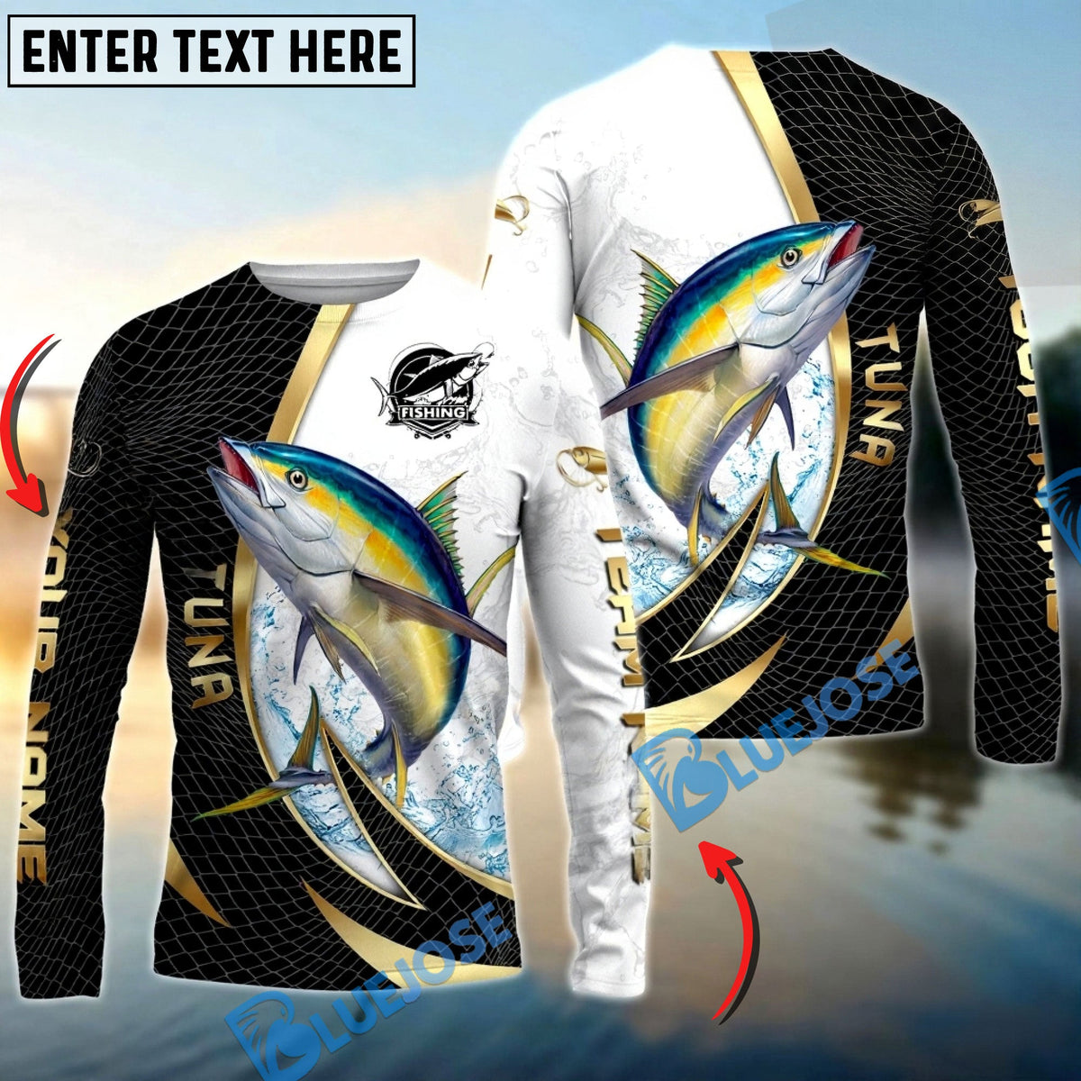 BlueJose Tuna Fishing Gold Black Net Dynamic Jump Custom Name & Team Name 3D Shirts