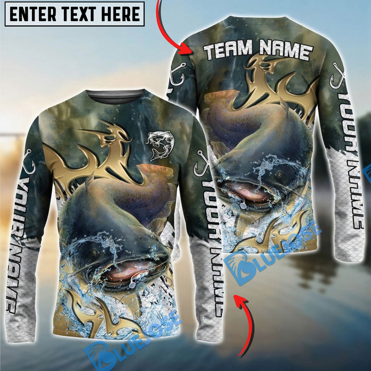 BlueJose Catfish Fishing Trophy Power Splash Art Custom Name & Team Name 3D Shirts