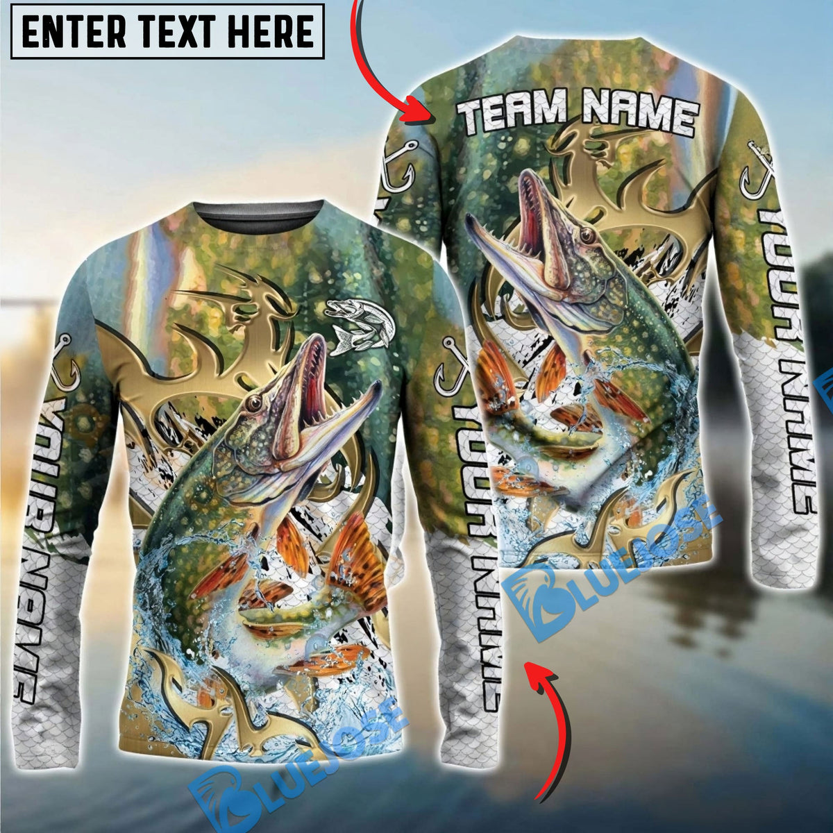BlueJose Pike Fishing Trophy Power Splash Art Custom Name & Team Name 3D Shirts