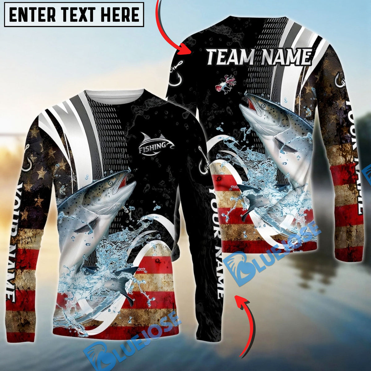 BlueJose Chinook Salmon Fishing American Flag Splash Art Custom Name & Team Name 3D Shirts