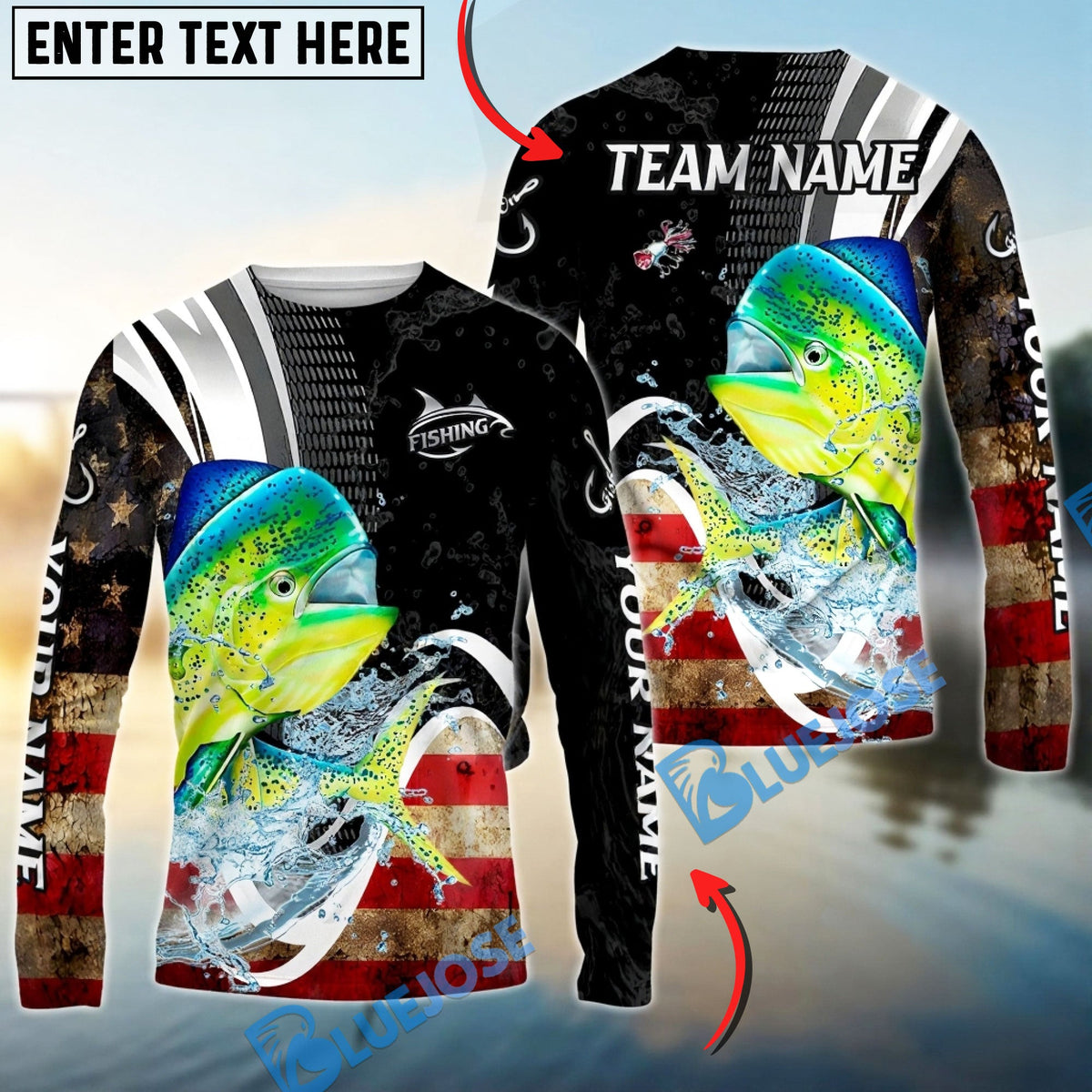 BlueJose Mahi-Mahi Fishing American Flag Splash Art Custom Name & Team Name 3D Shirts