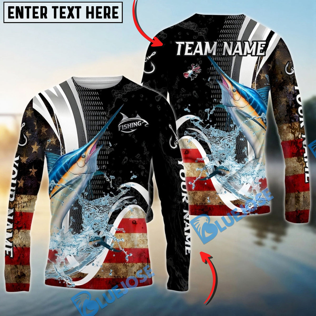 BlueJose Marlin Fishing American Flag Splash Art Custom Name & Team Name 3D Shirts