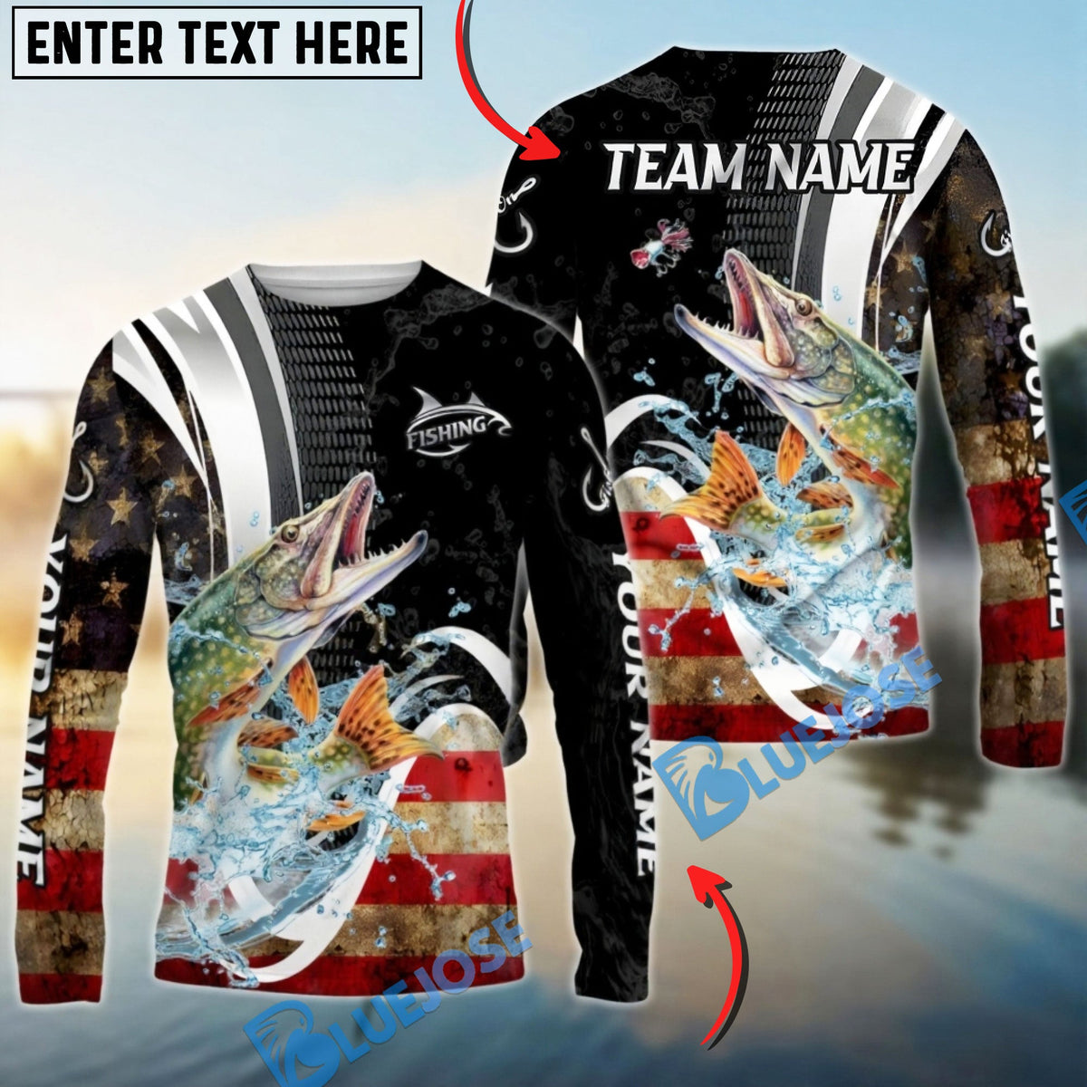 BlueJose Catfish Fishing American Flag Splash Art Custom Name & Team Name 3D Shirts