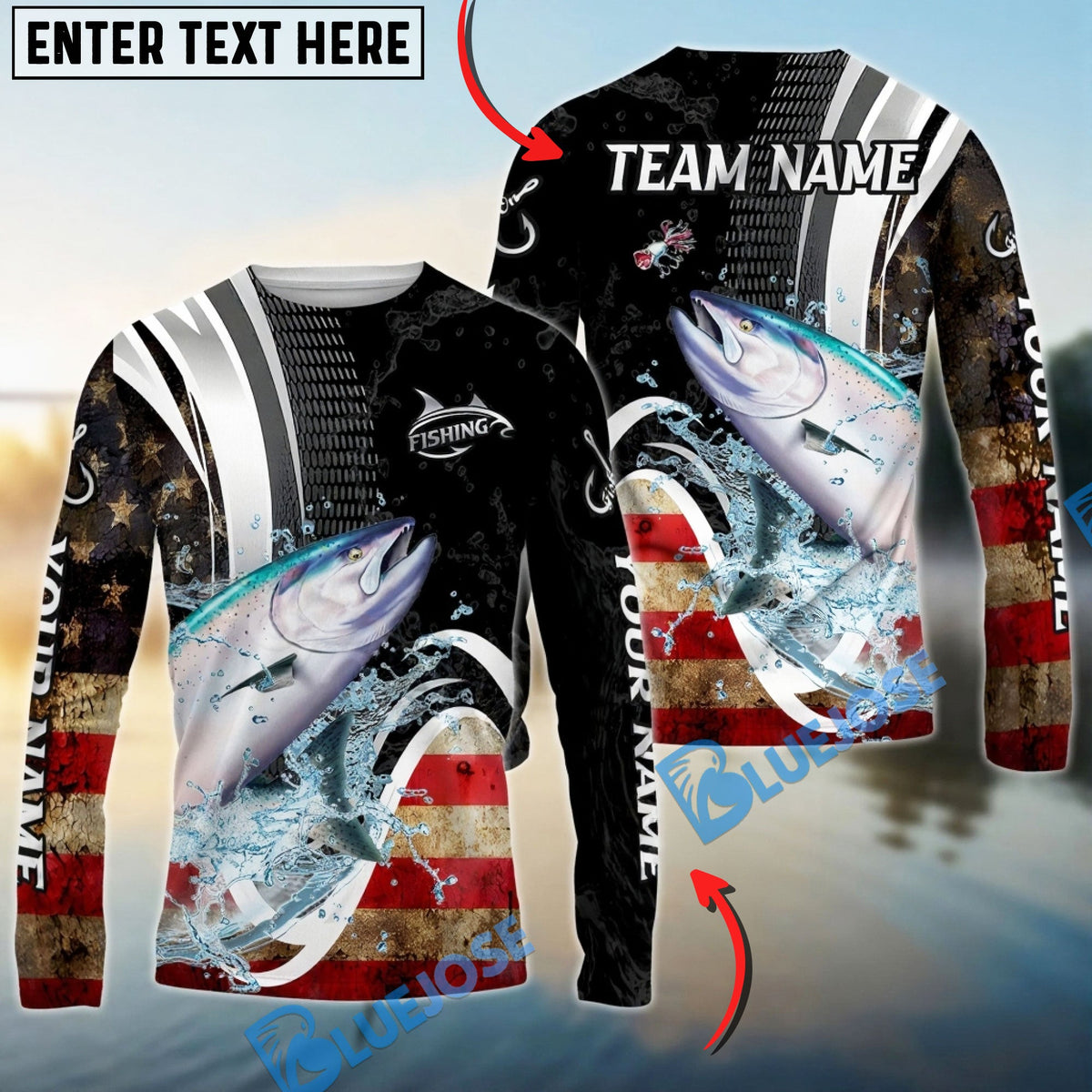 BlueJose Salmon Fishing American Flag Splash Art Custom Name & Team Name 3D Shirts
