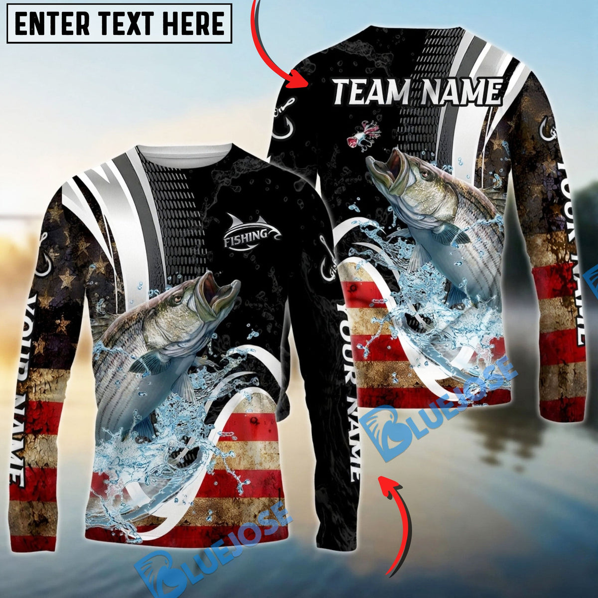 BlueJose Striped Bass Fishing American Flag Splash Art Custom Name & Team Name 3D Shirts