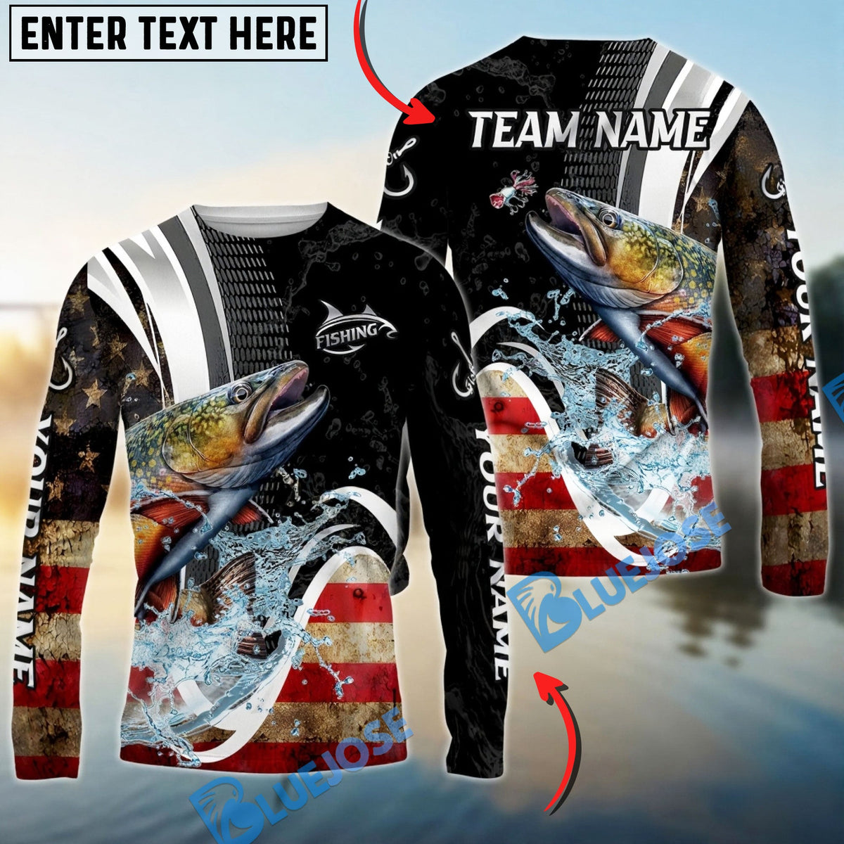 BlueJose Trout Fishing American Flag Splash Art Custom Name & Team Name 3D Shirts