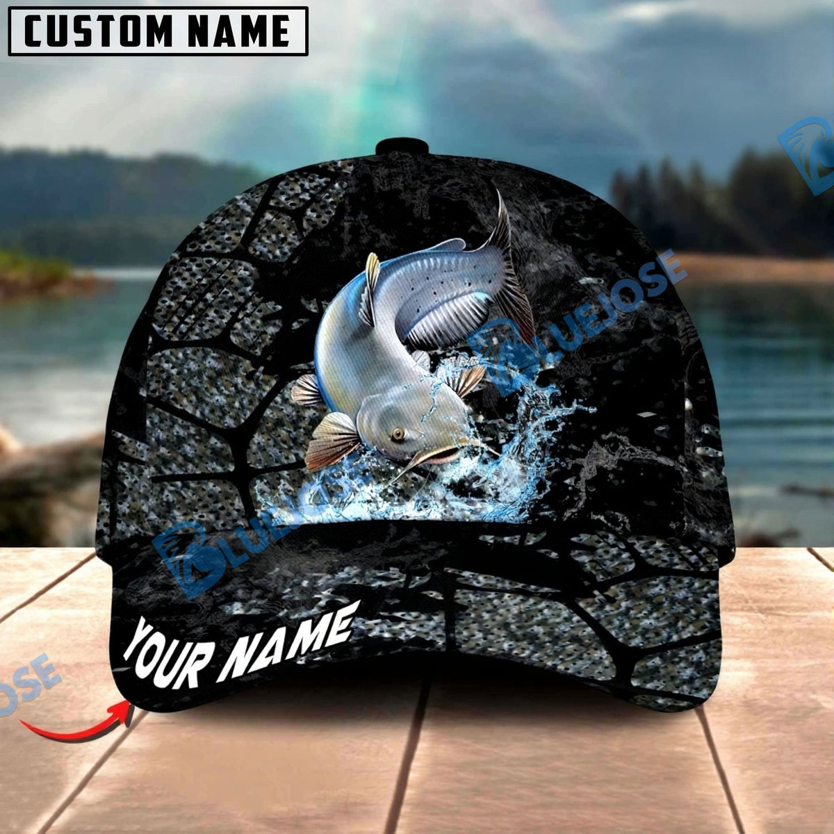 BlueJose Fishing Cracked Texture Gold Black Splash Graphic Personalized Cap (13 Breeds)