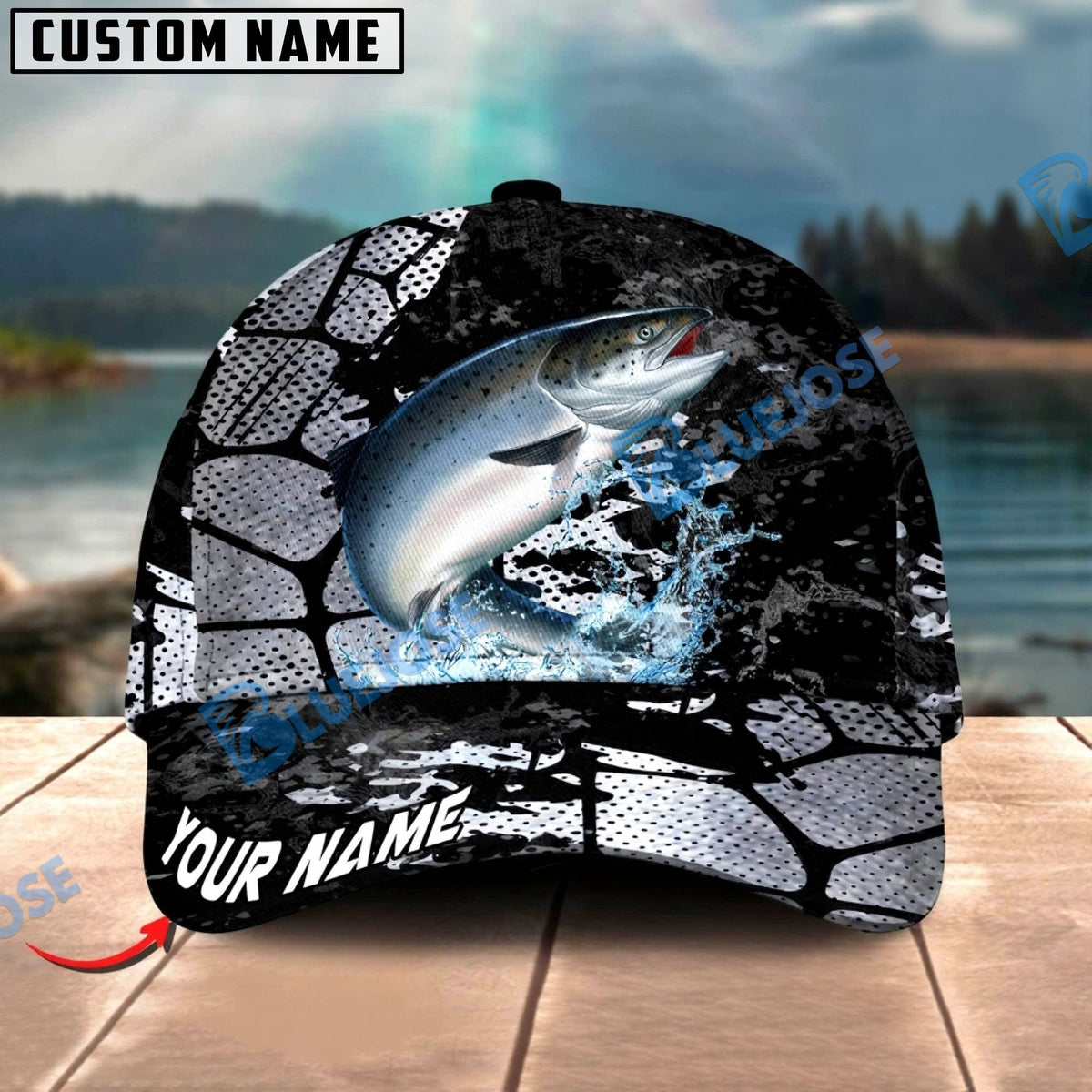 BlueJose Fishing Cracked Texture Gold Black Splash Graphic Personalized Cap (13 Breeds)