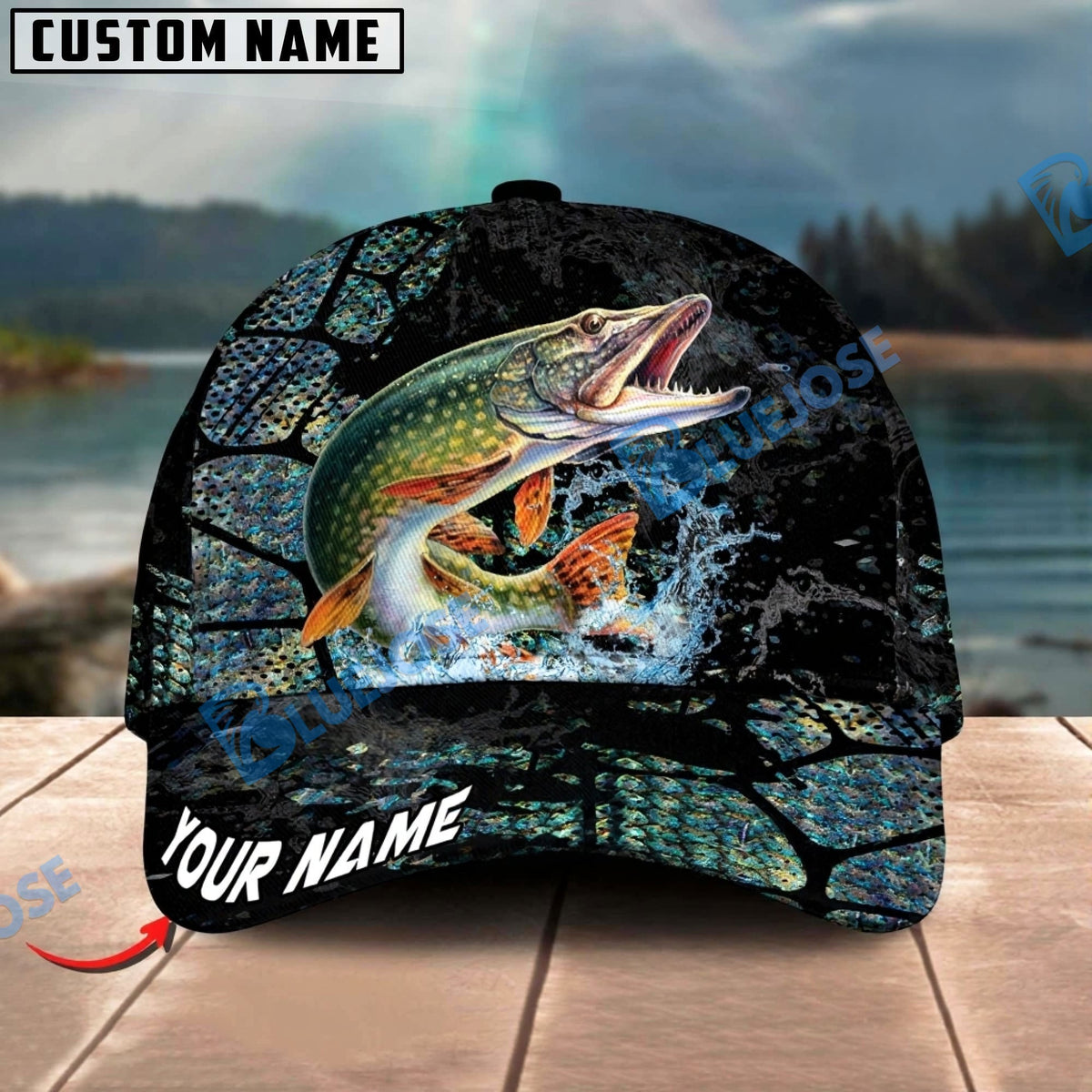 BlueJose Fishing Cracked Texture Gold Black Splash Graphic Personalized Cap (13 Breeds)