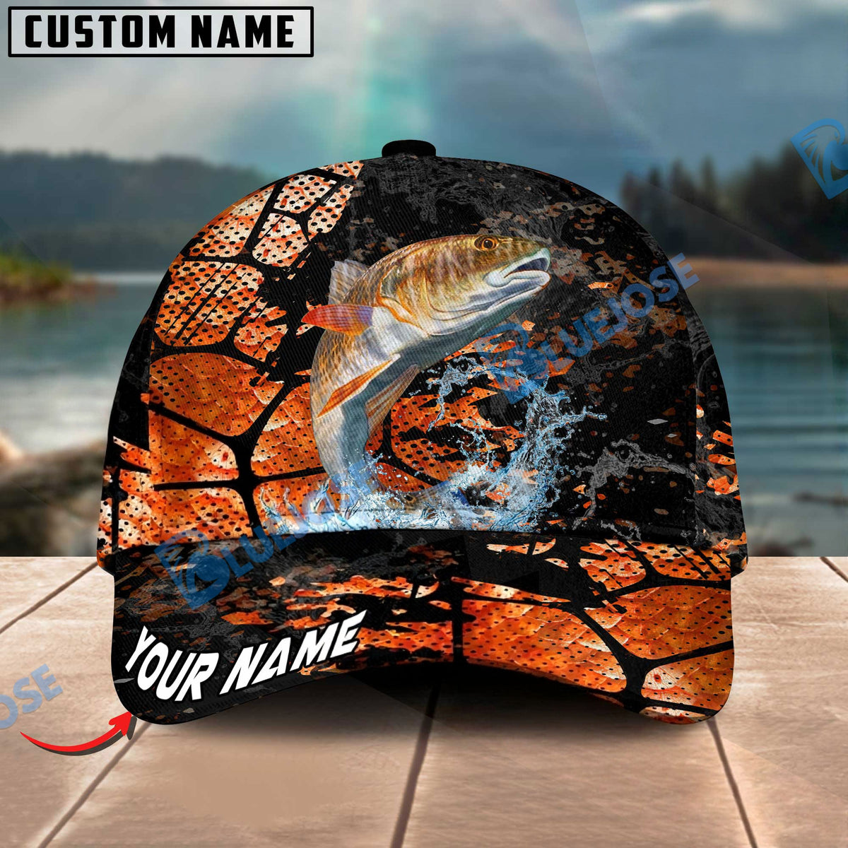BlueJose Fishing Cracked Texture Gold Black Splash Graphic Personalized Cap (13 Breeds)