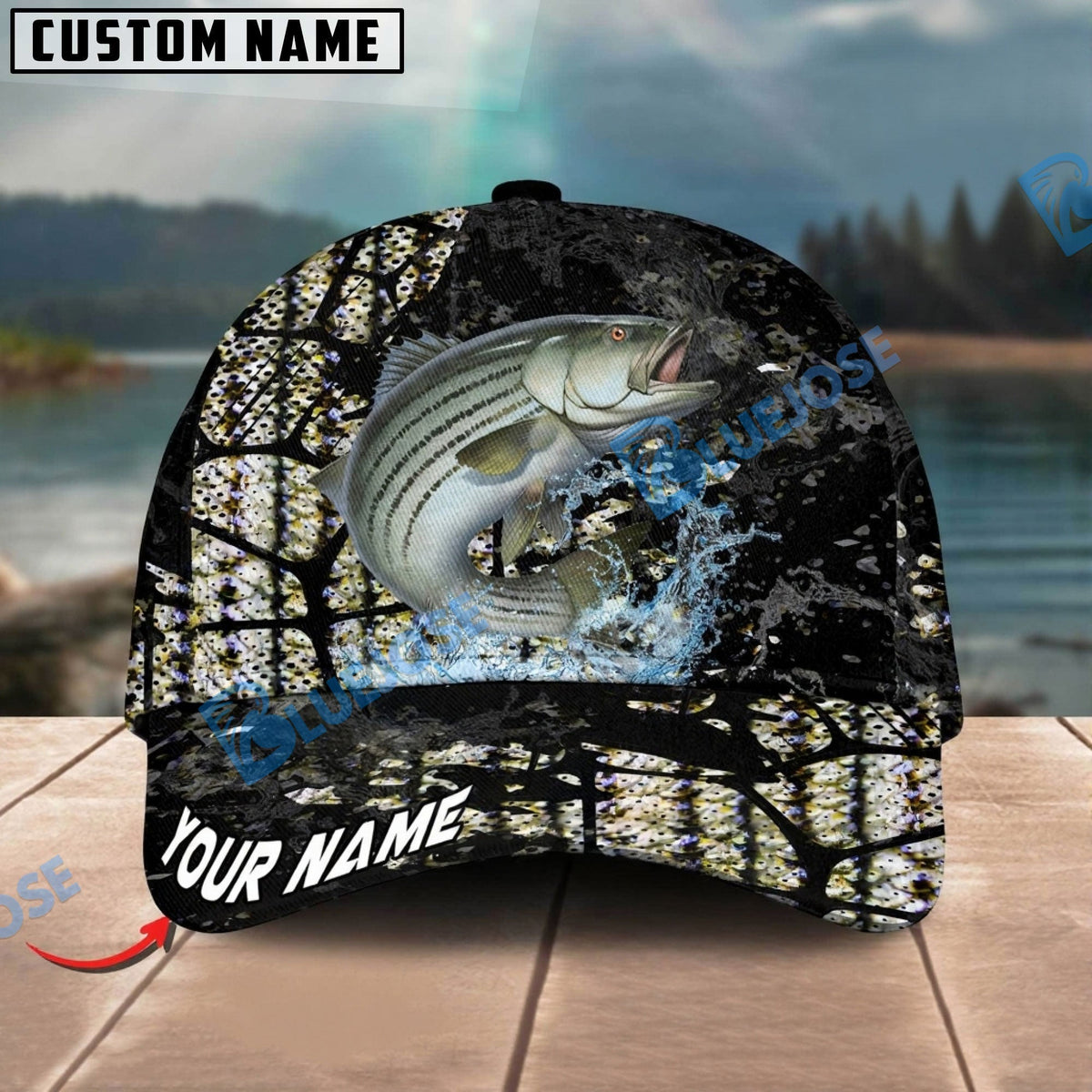 BlueJose Fishing Cracked Texture Gold Black Splash Graphic Personalized Cap (13 Breeds)