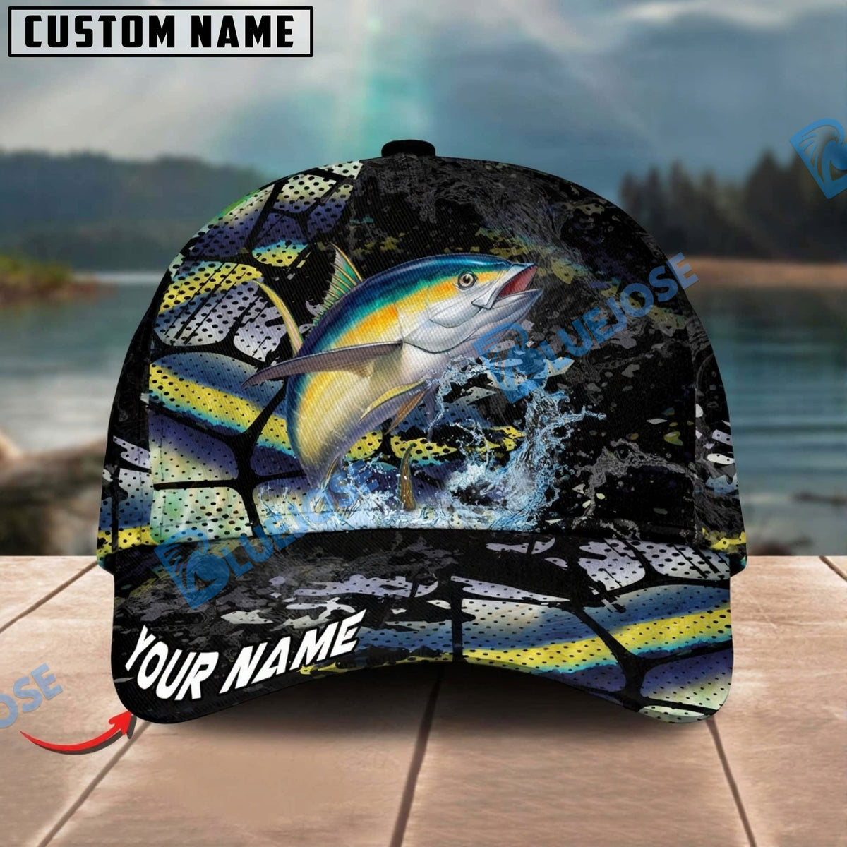 BlueJose Fishing Cracked Texture Gold Black Splash Graphic Personalized Cap (13 Breeds)