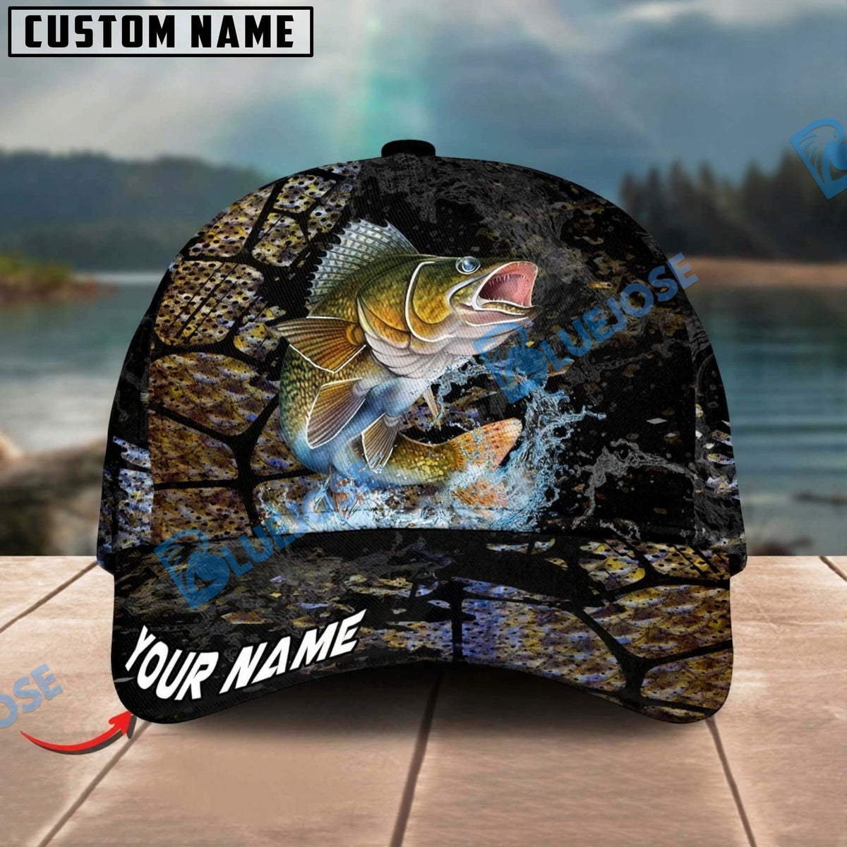 BlueJose Fishing Cracked Texture Gold Black Splash Graphic Personalized Cap (13 Breeds)