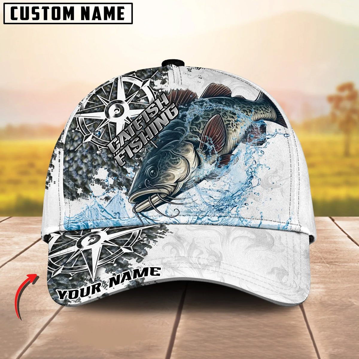 BlueJose Fishing Compass Vintage Art Splash Design Personalized Cap (13 Breeds)