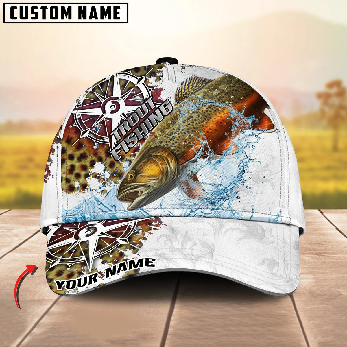 BlueJose Fishing Compass Vintage Art Splash Design Personalized Cap (13 Breeds)