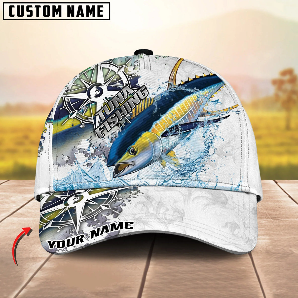 BlueJose Fishing Compass Vintage Art Splash Design Personalized Cap (13 Breeds)