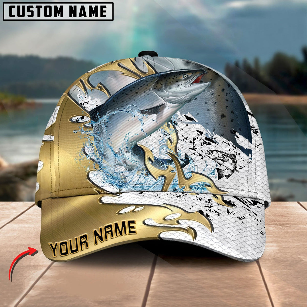 BlueJose Fishing Scale Pattern Gold Accent Water Splash Personalized Cap (13 Breeds)