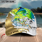 BlueJose Fishing Scale Pattern Gold Accent Water Splash Personalized Cap (13 Breeds)