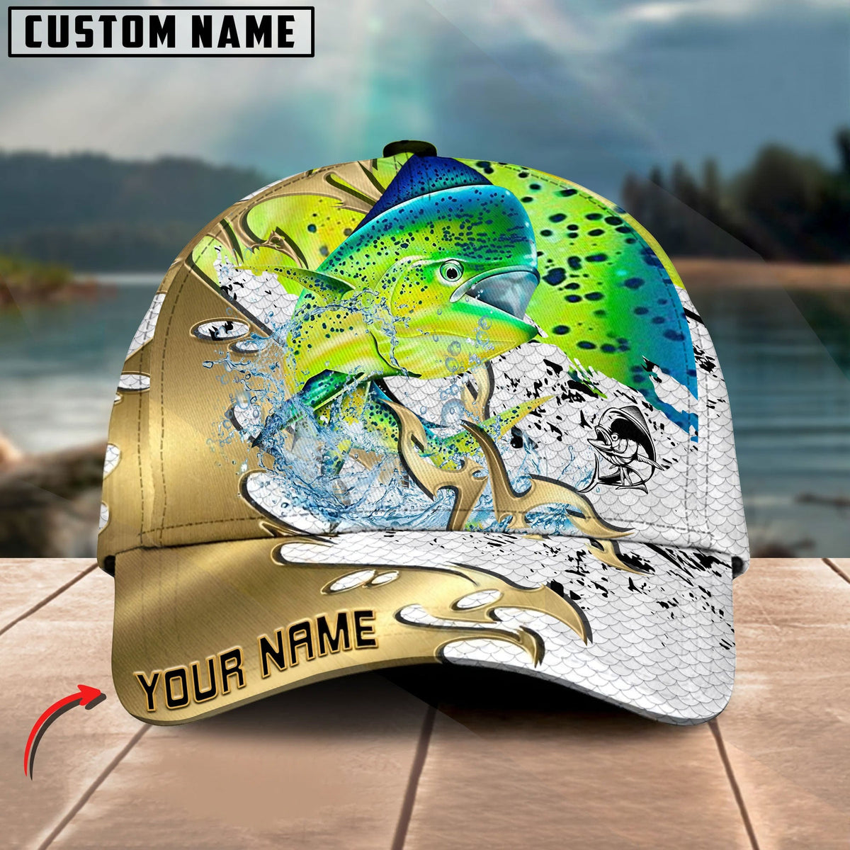 BlueJose Fishing Scale Pattern Gold Accent Water Splash Personalized Cap (13 Breeds)