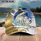 BlueJose Fishing Scale Pattern Gold Accent Water Splash Personalized Cap (13 Breeds)