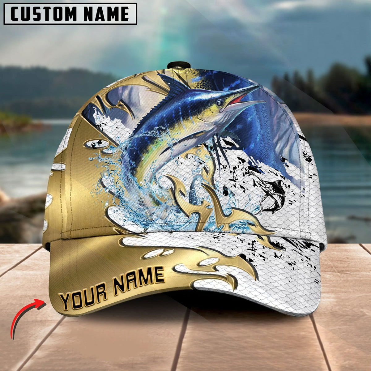 BlueJose Fishing Scale Pattern Gold Accent Water Splash Personalized Cap (13 Breeds)
