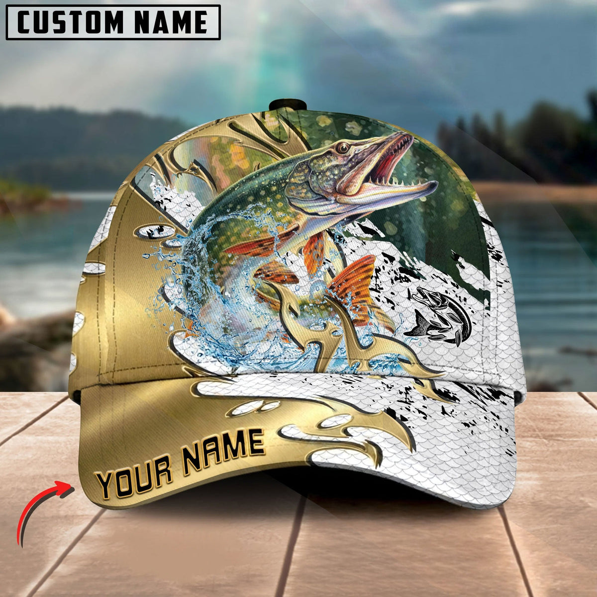 BlueJose Fishing Scale Pattern Gold Accent Water Splash Personalized Cap (13 Breeds)