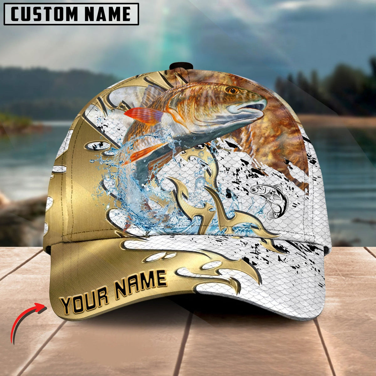 BlueJose Fishing Scale Pattern Gold Accent Water Splash Personalized Cap (13 Breeds)