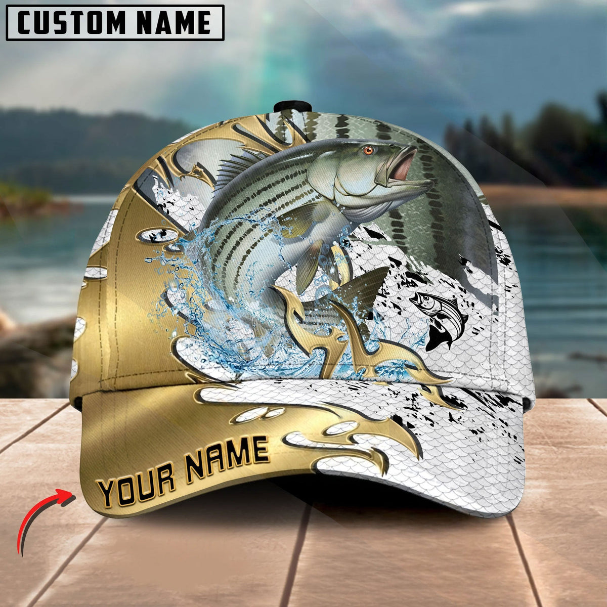 BlueJose Fishing Scale Pattern Gold Accent Water Splash Personalized Cap (13 Breeds)