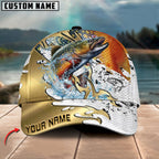 BlueJose Fishing Scale Pattern Gold Accent Water Splash Personalized Cap (13 Breeds)