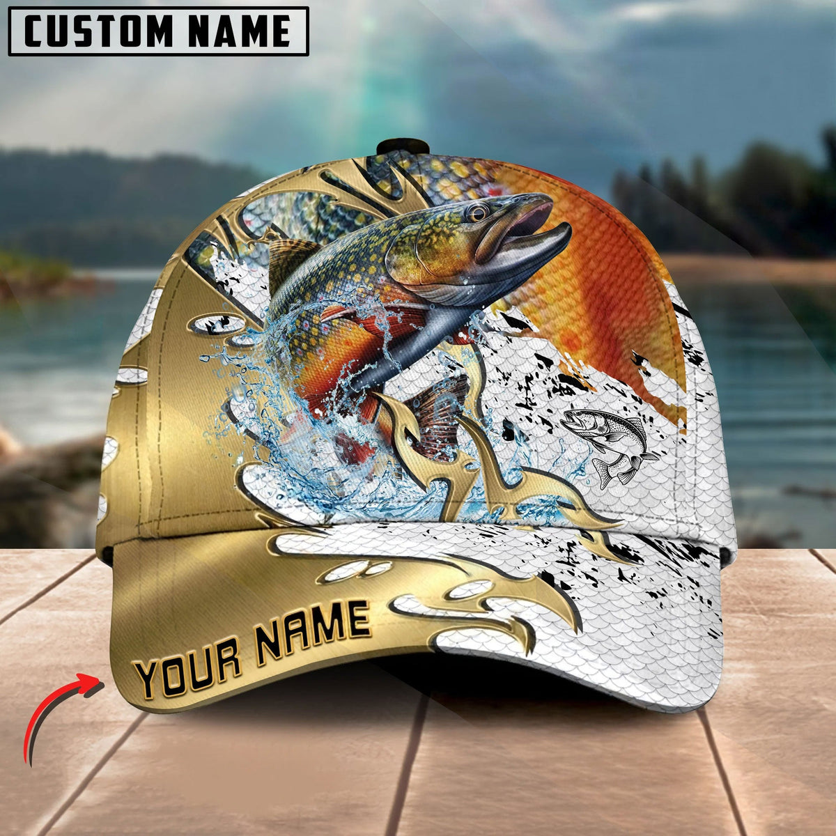 BlueJose Fishing Scale Pattern Gold Accent Water Splash Personalized Cap (13 Breeds)