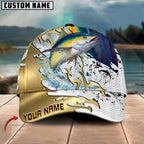 BlueJose Fishing Scale Pattern Gold Accent Water Splash Personalized Cap (13 Breeds)