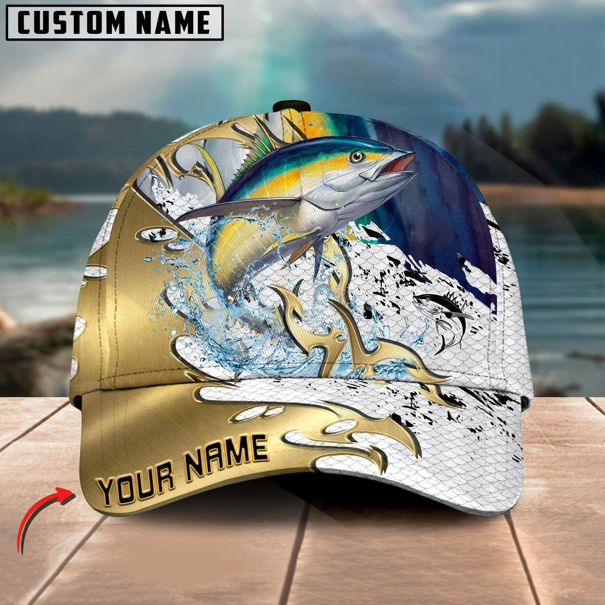 BlueJose Fishing Scale Pattern Gold Accent Water Splash Personalized Cap (13 Breeds)