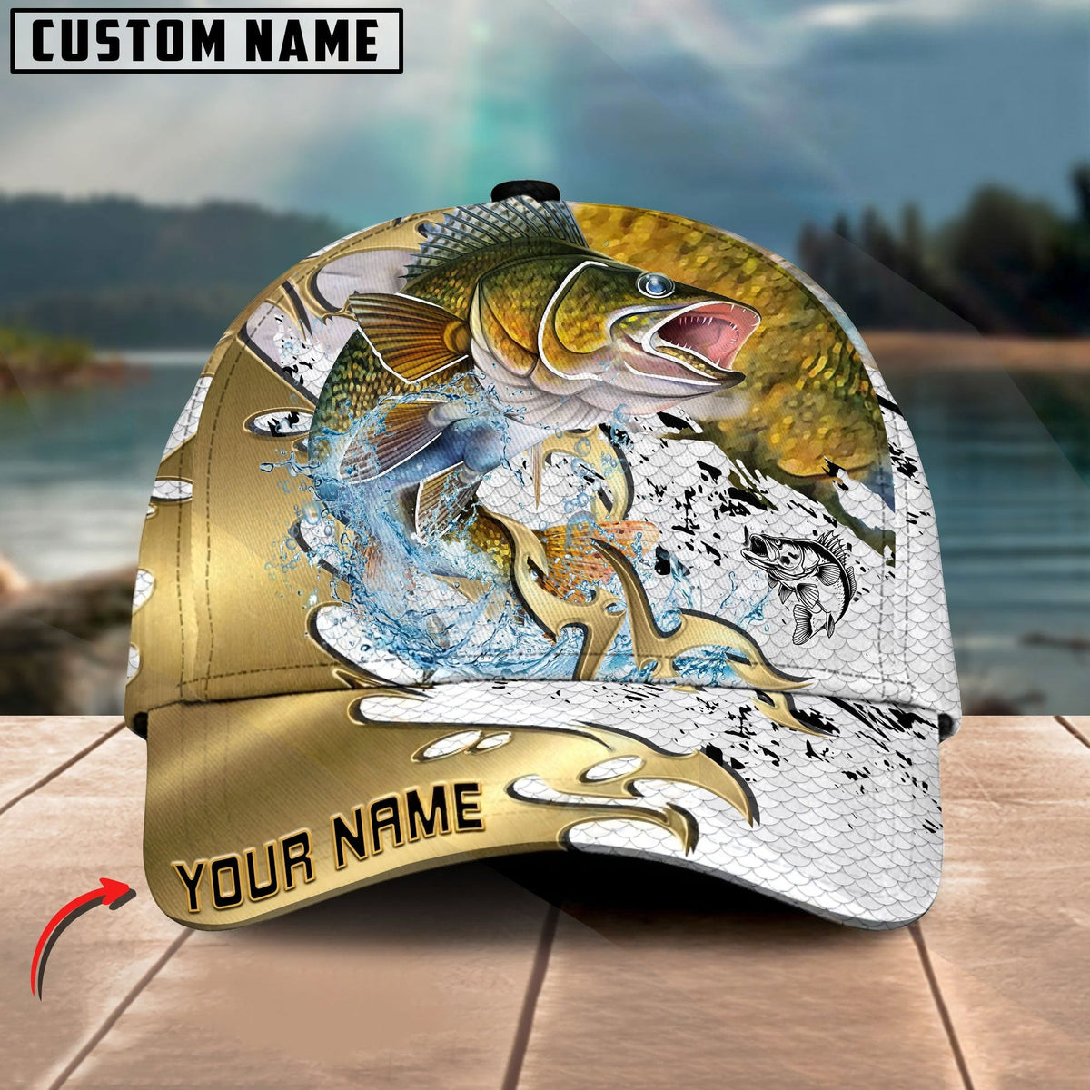 BlueJose Fishing Scale Pattern Gold Accent Water Splash Personalized Cap (13 Breeds)