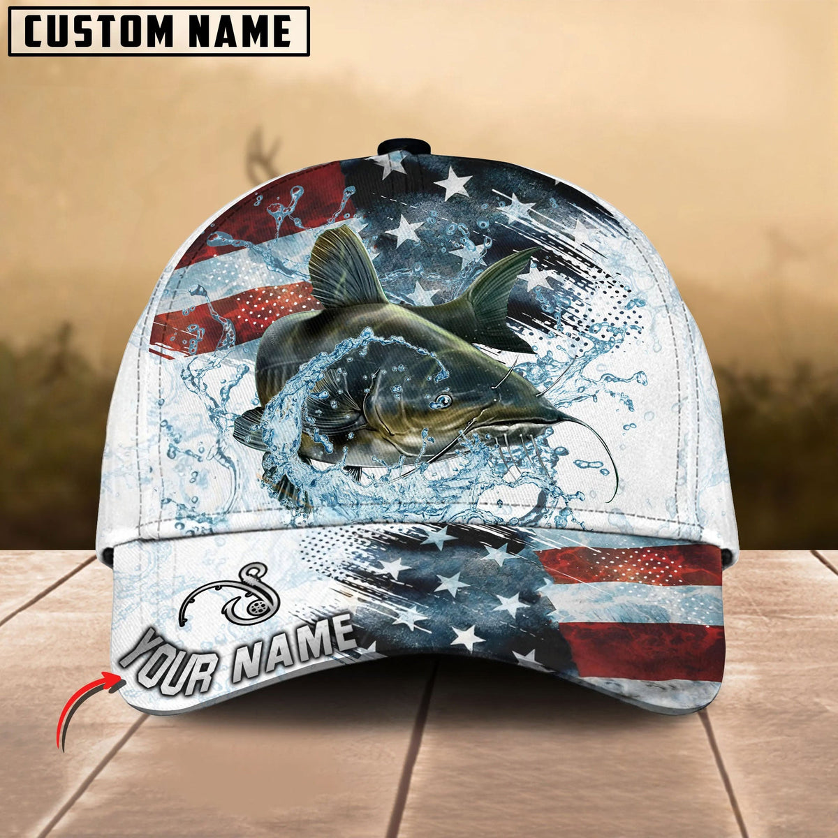 BlueJose Fishing Jump Action American Flag Water Splash Art Personalized Cap (12 Breeds)