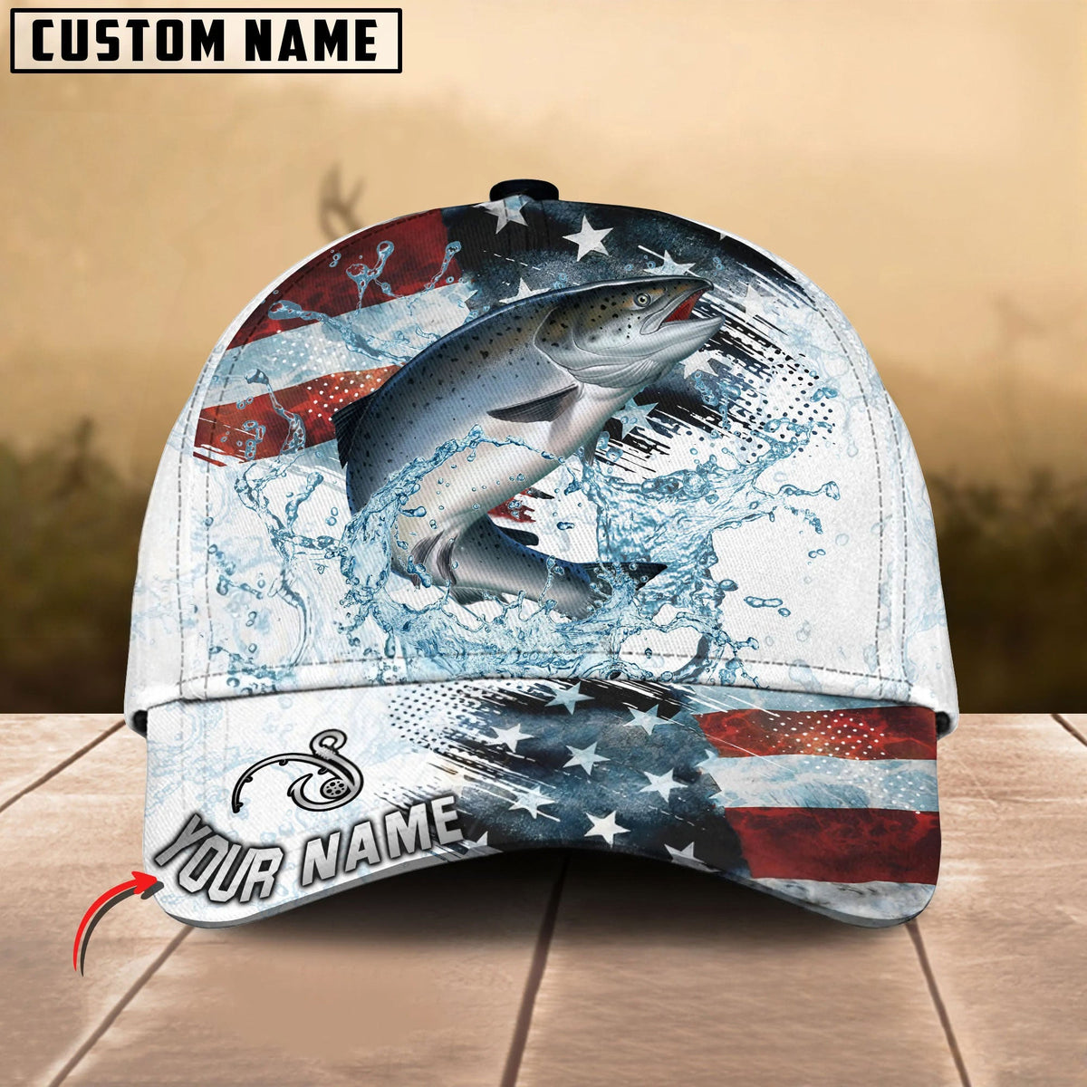 BlueJose Fishing Jump Action American Flag Water Splash Art Personalized Cap (12 Breeds)