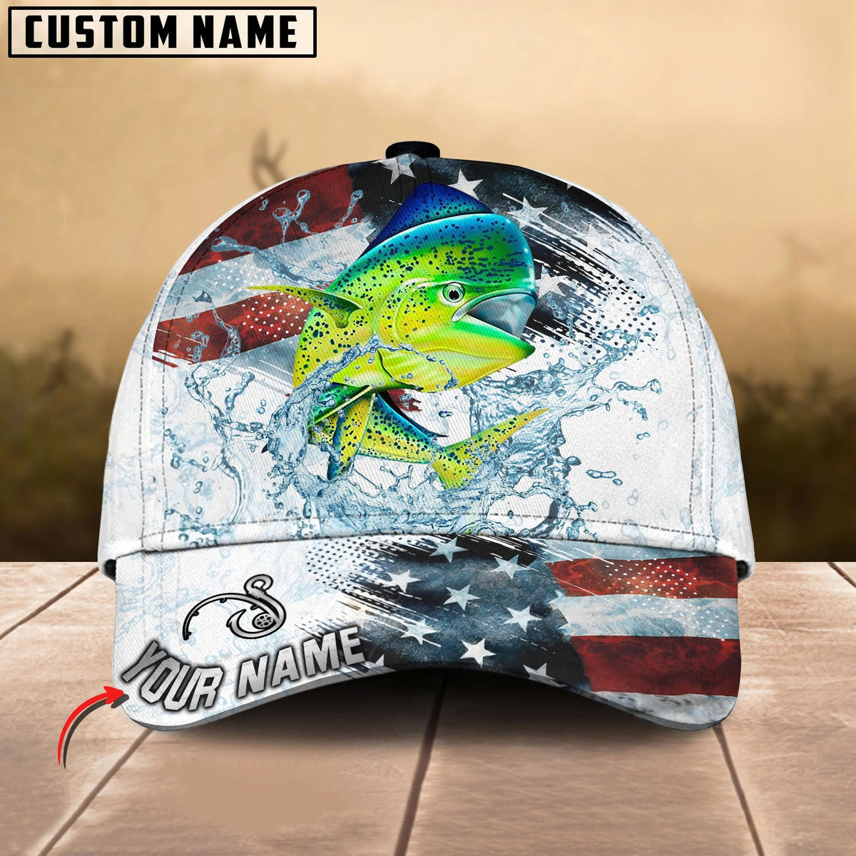 BlueJose Fishing Jump Action American Flag Water Splash Art Personalized Cap (12 Breeds)