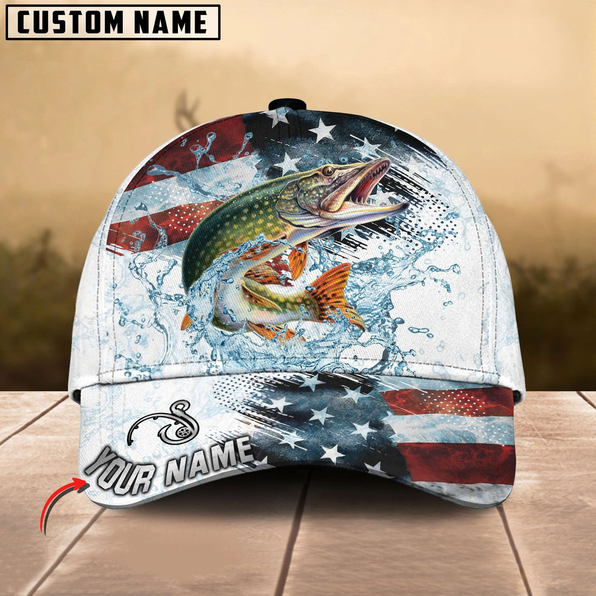 BlueJose Fishing Jump Action American Flag Water Splash Art Personalized Cap (12 Breeds)