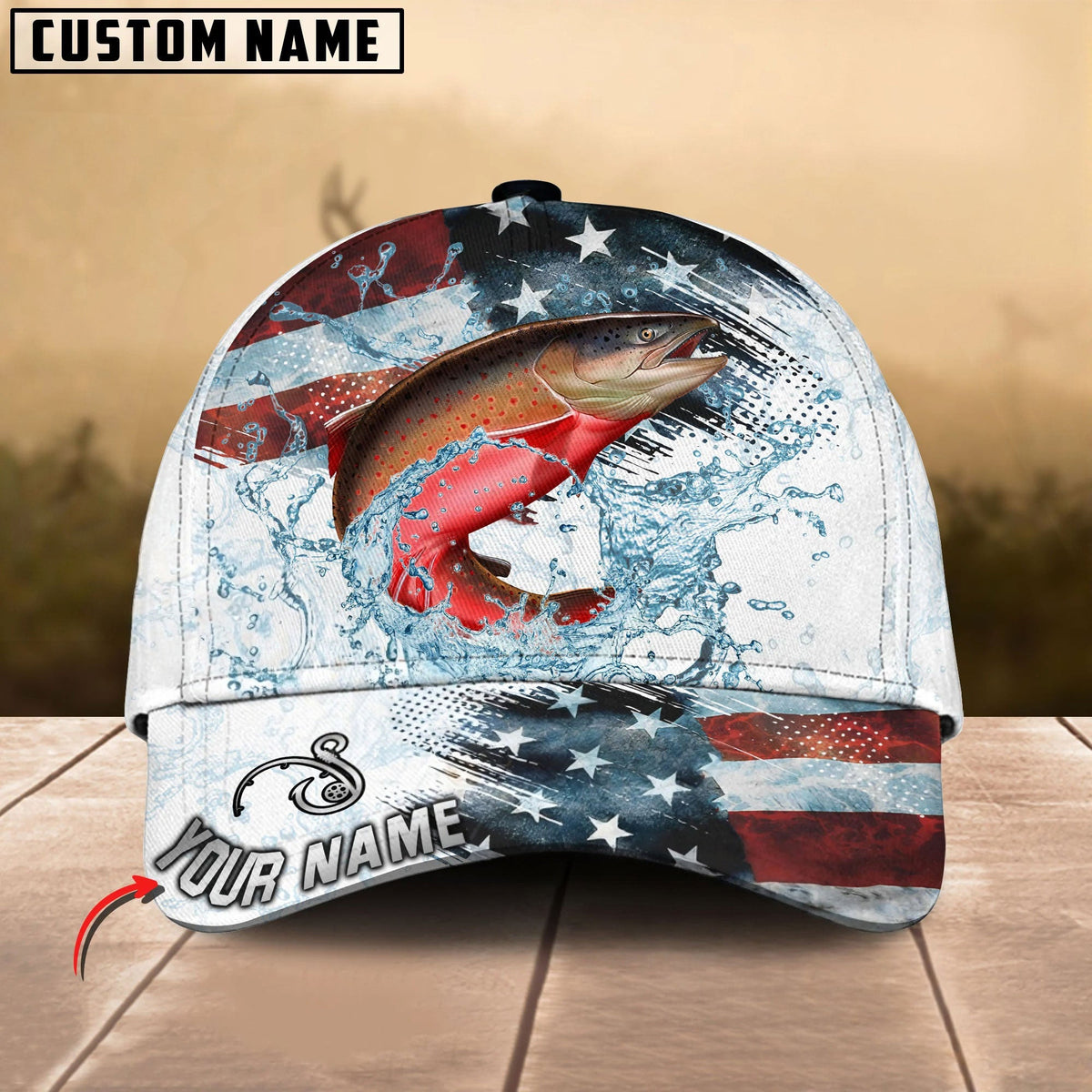 BlueJose Fishing Jump Action American Flag Water Splash Art Personalized Cap (12 Breeds)