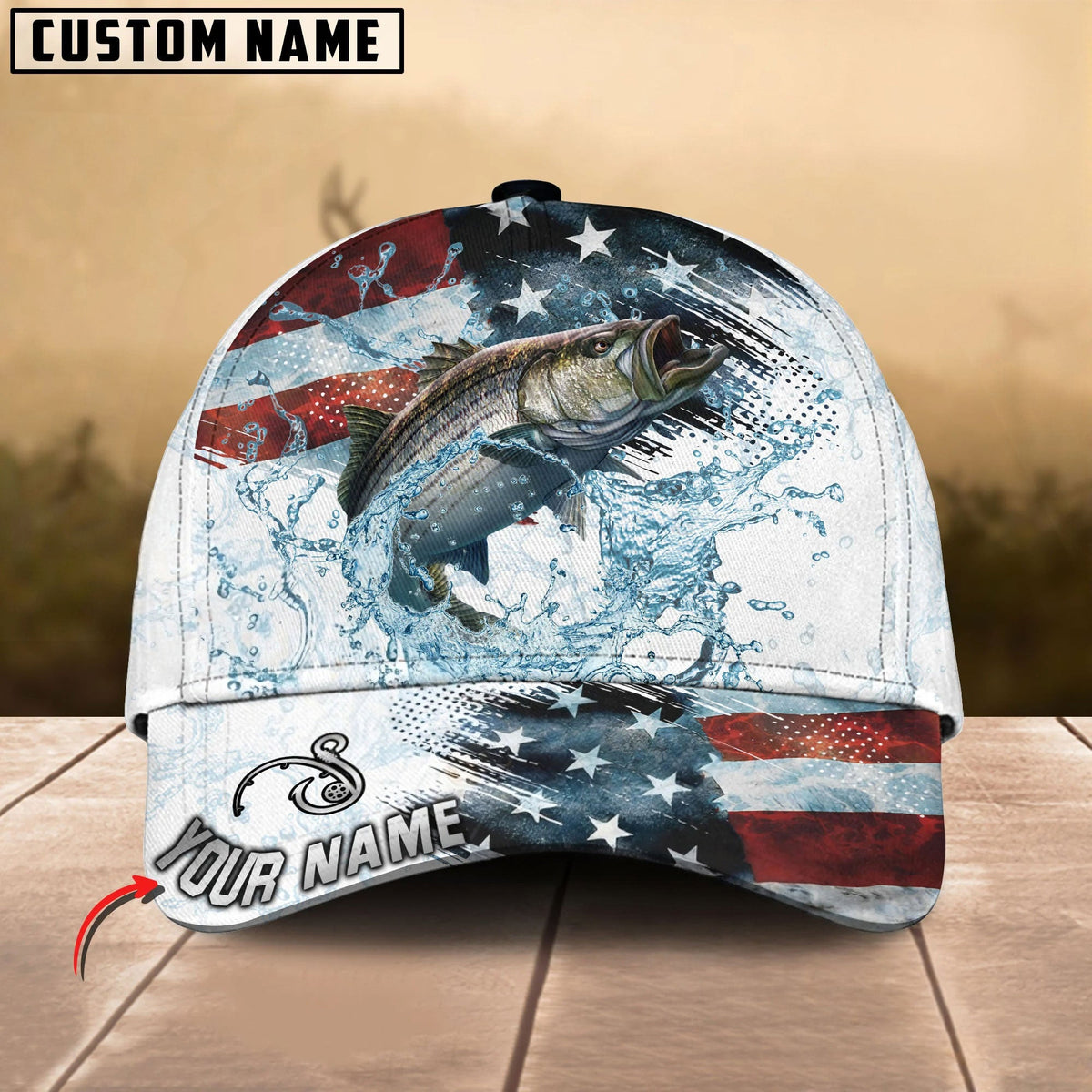 BlueJose Fishing Jump Action American Flag Water Splash Art Personalized Cap (12 Breeds)