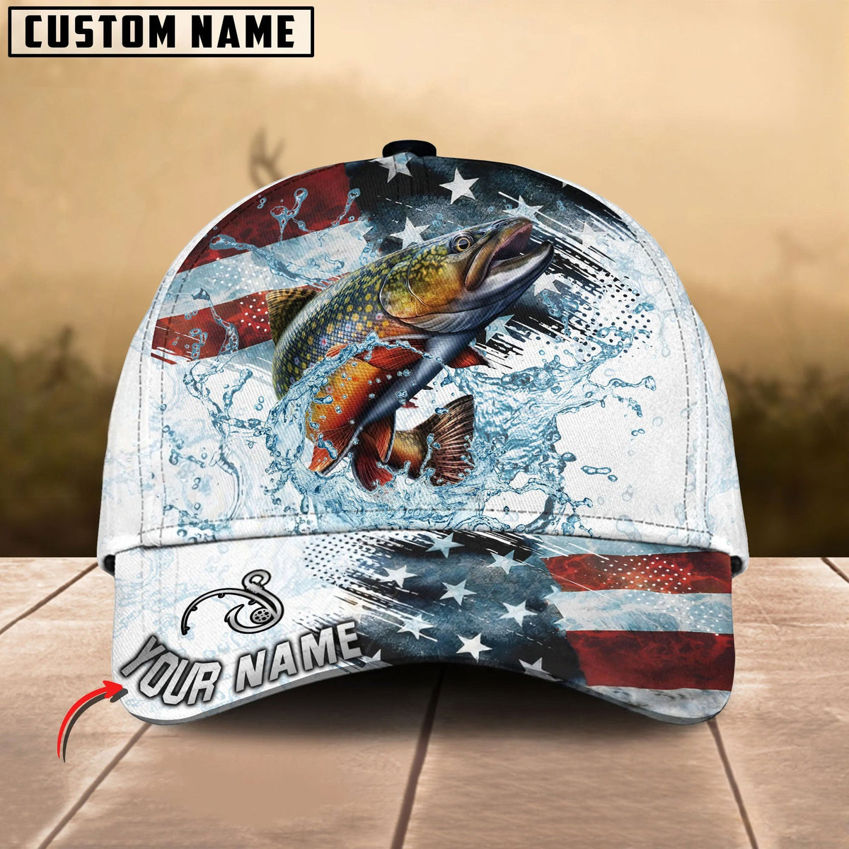 BlueJose Fishing Jump Action American Flag Water Splash Art Personalized Cap (12 Breeds)