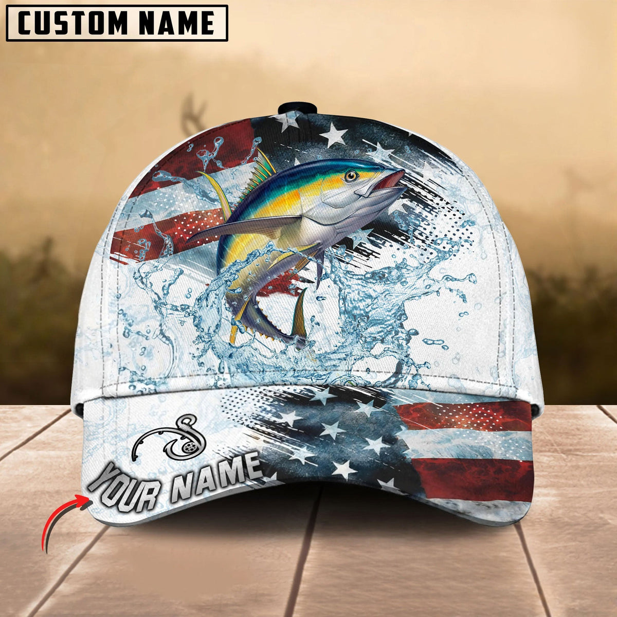 BlueJose Fishing Jump Action American Flag Water Splash Art Personalized Cap (12 Breeds)