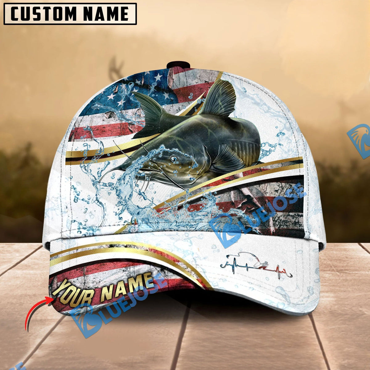 BlueJose Fishing Power Strike Vintage American Flag Design Personalized Cap (12 Breeds)